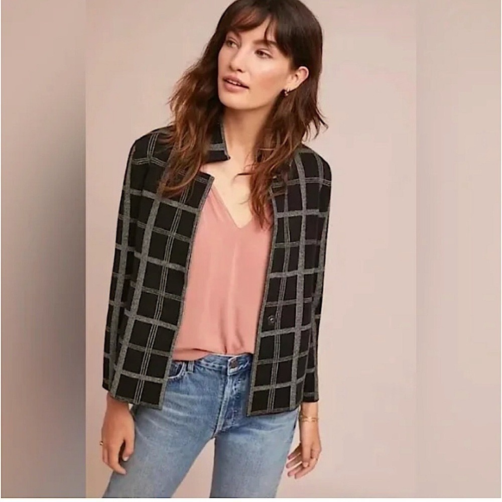 ANTHROPOLOGIE x MOTH Windowpant Plaid Sweater Blazer Black white nwot
